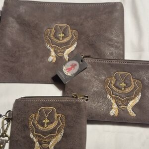 Western Embroidered Clutch & Wristlet Set - Brown 3pc Set. Larger Pouch,